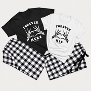 Forever Hers and His matching black and white T-shirts with black and white flannel pajama pants
