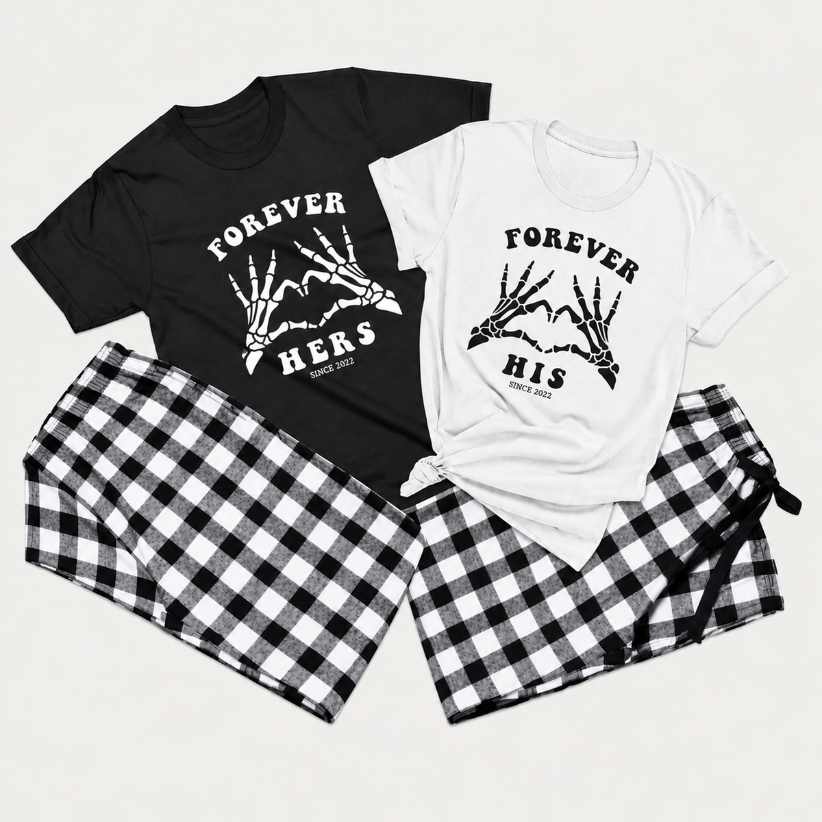 Forever Hers and His matching black and white T-shirts with black and white flannel pajama pants