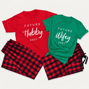 Personalized Future Hubby and Future Wifey matching pajama set featuring graphic T-shirts with the year 2027 and coordinating buffalo plaid pajama bottoms, arranged in a clean studio flat lay.