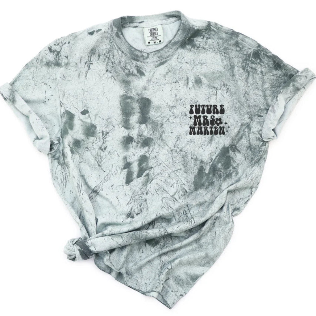Garment-dyed T-shirt featuring a Future Mrs. graphic with a personalized name printed on the front chest.