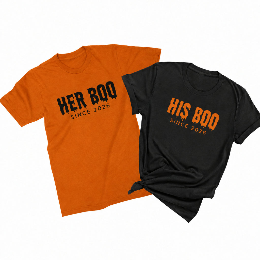 Her Boo and His Boo matching Halloween shirts in autumn and black with Since 2026 designs