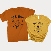 Her Boo and His Boo matching Halloween shirts in autumn and mustard colors with cat ghost, bat, and star designs