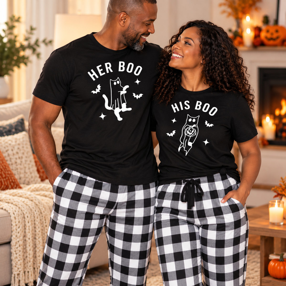 Couple wearing matching black Her Boo and His Boo Halloween t-shirts with white ghost-cat designs and black-and-white checkered flannel pajama pants in a cozy indoor setting