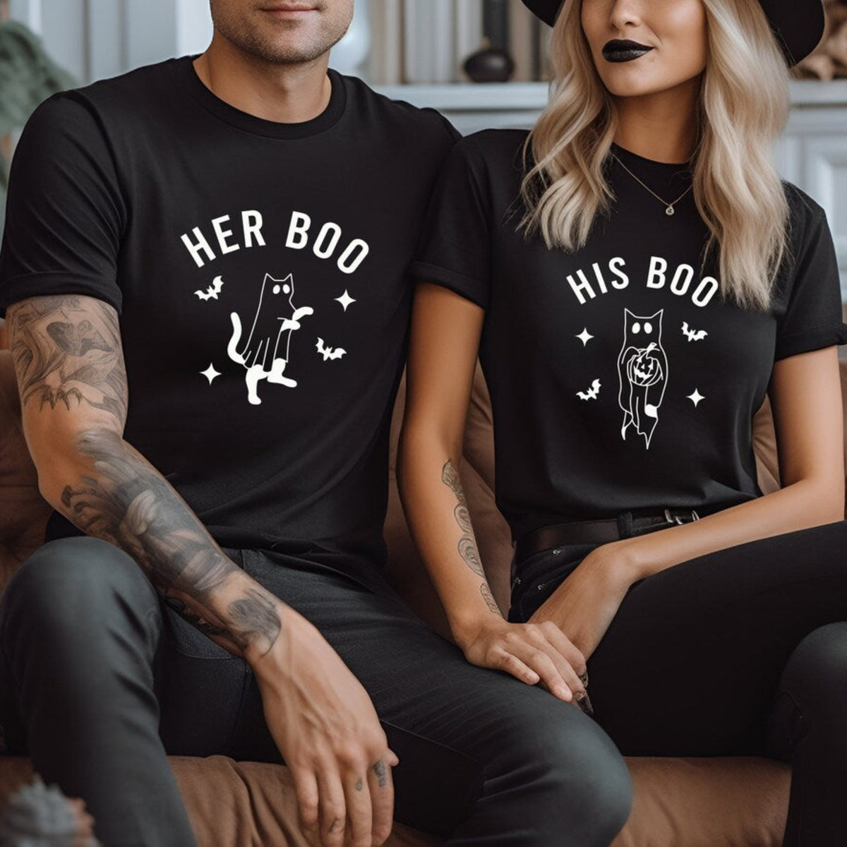 Her Boo and His Boo matching black Halloween shirts for couples with cat ghost, bat, and star designs