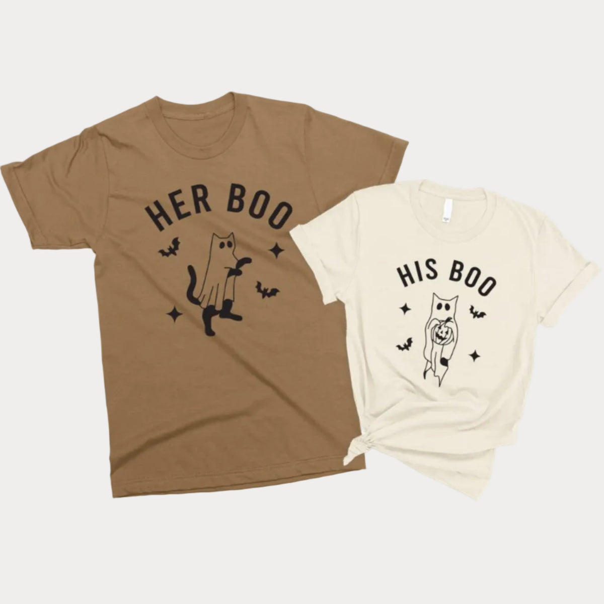 Her Boo and His Boo matching Halloween shirts in brown and natural colors with cat ghost, bat, and star designs