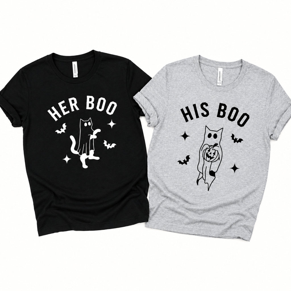 Her Boo and His Boo matching Halloween shirts for couples with cat ghost, bat, and star designs