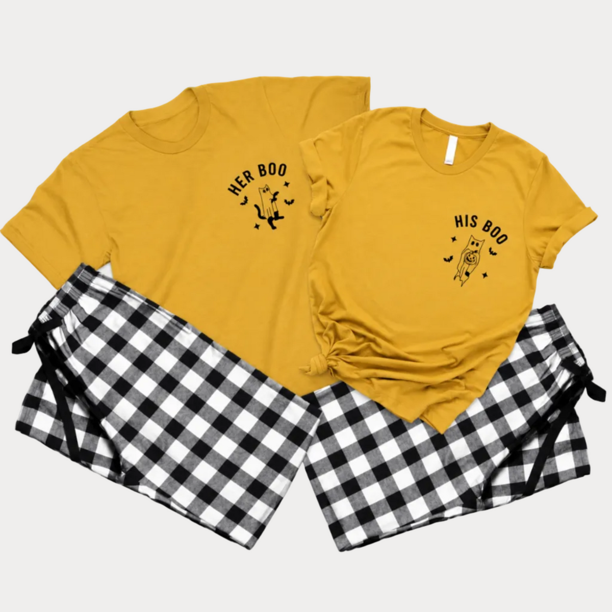 Her Boo and His Boo matching Halloween pajama sets with mustard short-sleeve t-shirts featuring cat ghost designs and black-and-white checkered flannel pajama pants