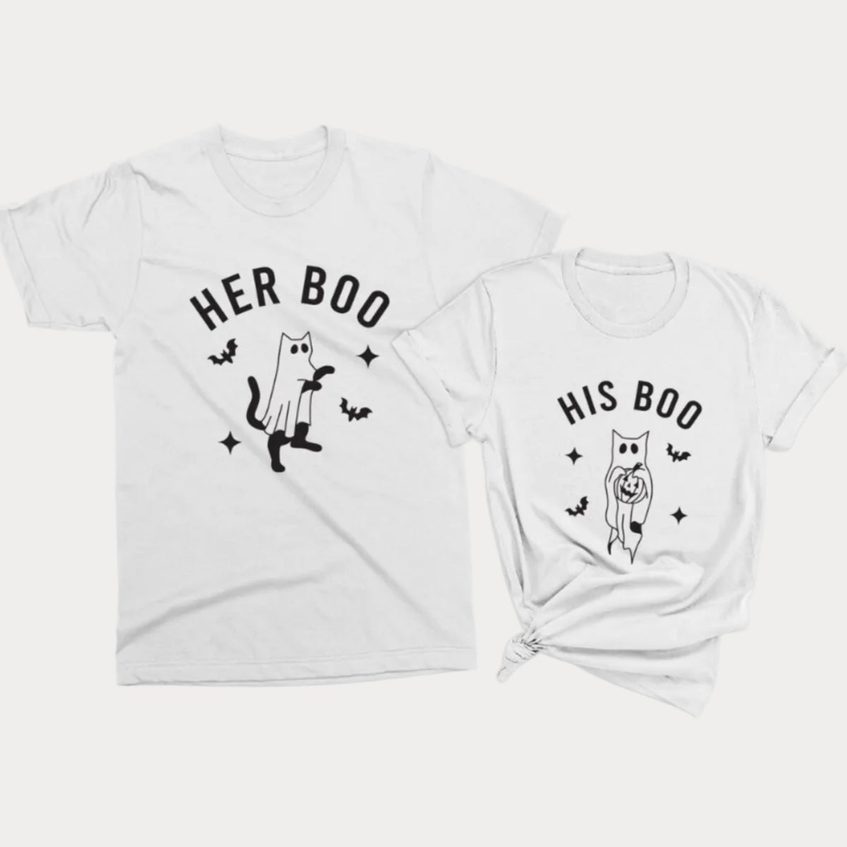 Her Boo and His Boo white matching Halloween shirts for couples with cat ghost, bat, and star designs