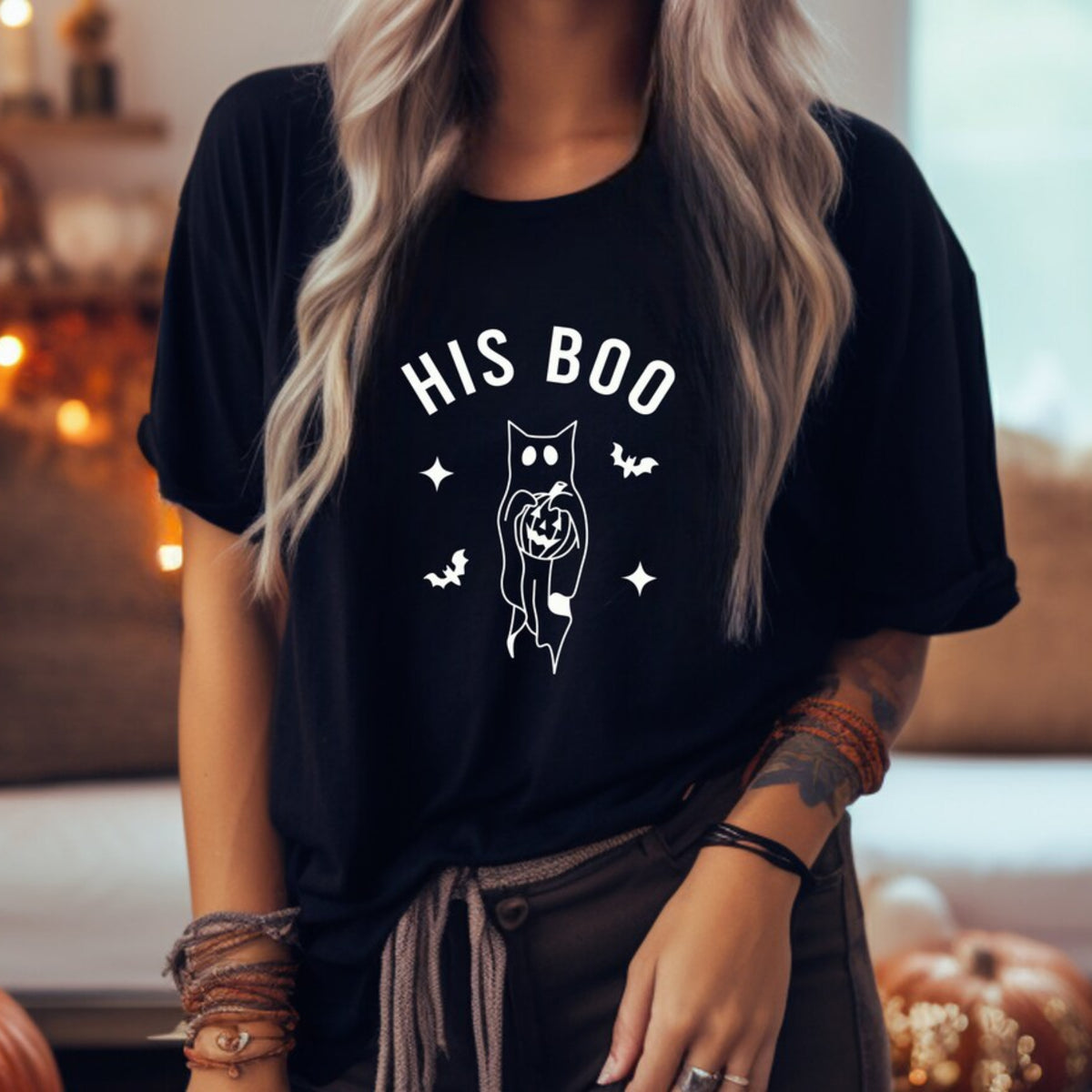 His Boo black Halloween t-shirt with a cat ghost, bats, stars, and pumpkin design