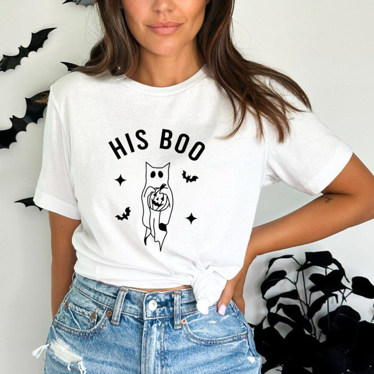 His Boo white Halloween t-shirt with a cat ghost, bats, stars, and pumpkin design