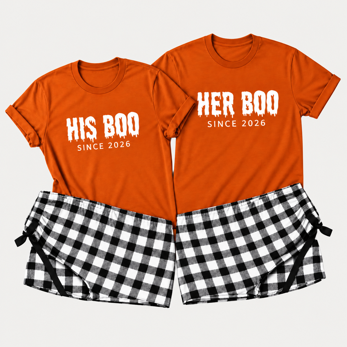 His and Her Boo matching autumn T-shirts with black and white buffalo check flannel pants