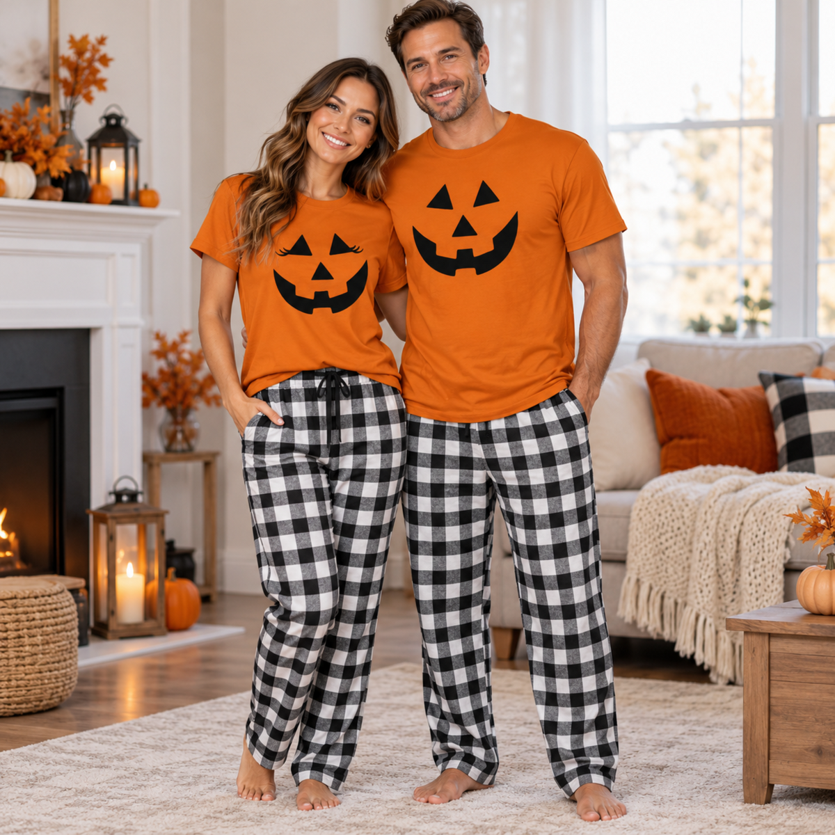 Couple wearing matching orange pumpkin face Halloween pajamas with black and white checkered flannel pants in a cozy interior