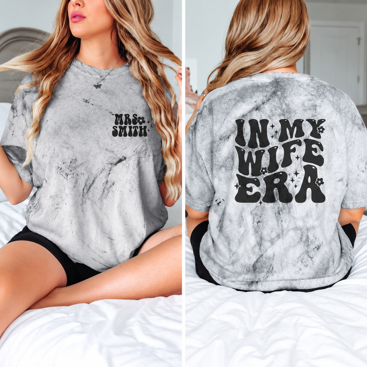 Woman wearing a personalized garment-dyed T-shirt with a custom Mrs. name print on the front and In My Wife Era graphic on the back.