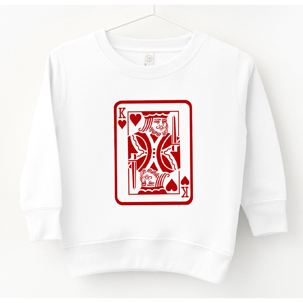 White kids Valentine’s Day sweatshirt with king card graphic for mom and son matching outfit