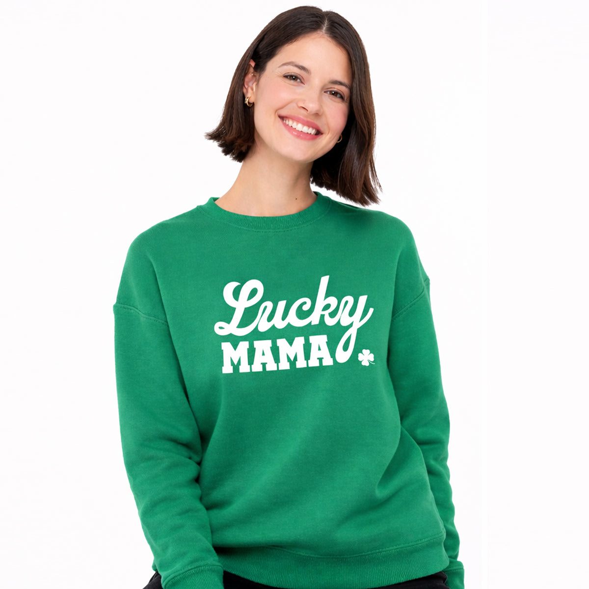 Woman wearing green Lucky Mama St. Patrick’s Day crewneck sweatshirt with white shamrock graphic.