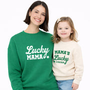 Matching Lucky Mama and Mama’s Lucky Charm St. Patrick’s Day sweatshirts for mom and daughter.