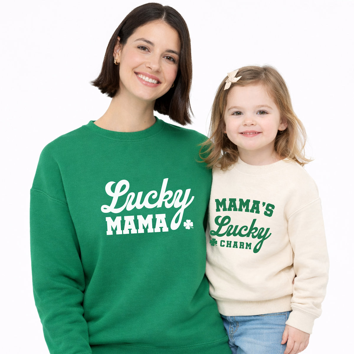 Matching Lucky Mama and Mama’s Lucky Charm St. Patrick’s Day sweatshirts for mom and daughter.