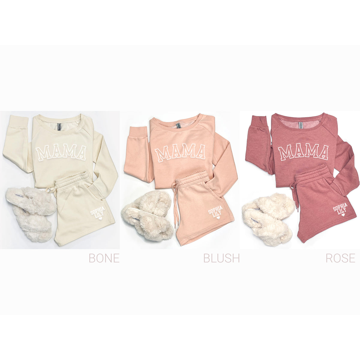 Mama sweatshirt and personalized sweatshorts set available in bone, blush, and rose color options.
