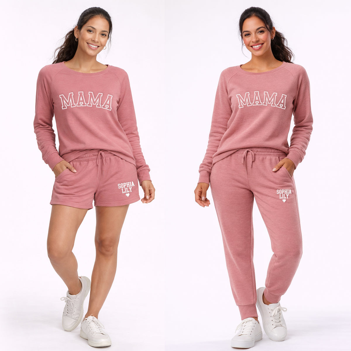 Side by side comparison of rose Mama sweatshirt styled with personalized sweatshorts and matching jogger sweatpants.