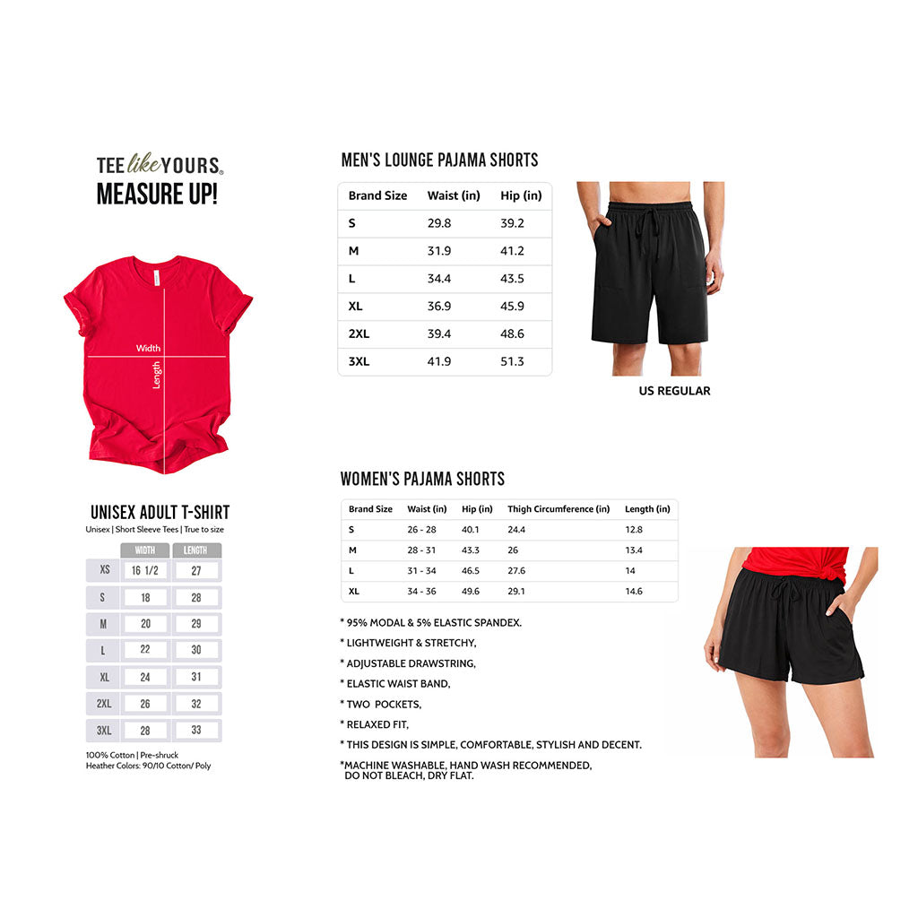Size chart for matching couples pajama and loungewear set showing measurements for men and women