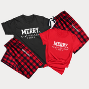 Personalized Merry and Married 2026 matching couple Christmas pajamas with custom names printed on plaid pajama pants