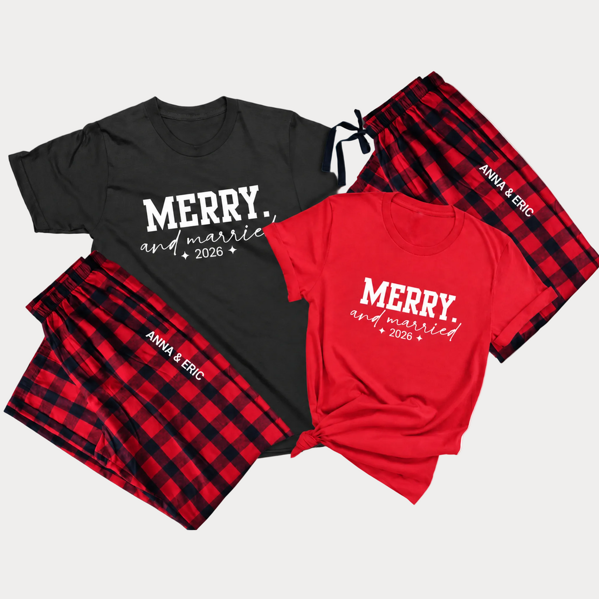 Personalized Merry and Married 2026 matching couple Christmas pajamas with custom names printed on plaid pajama pants