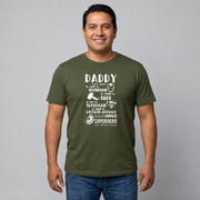 Man wearing a military green personalized Dad T-shirt featuring a superhero design with Iron Man, Thor, Superman, and Captain America graphics and children's names.