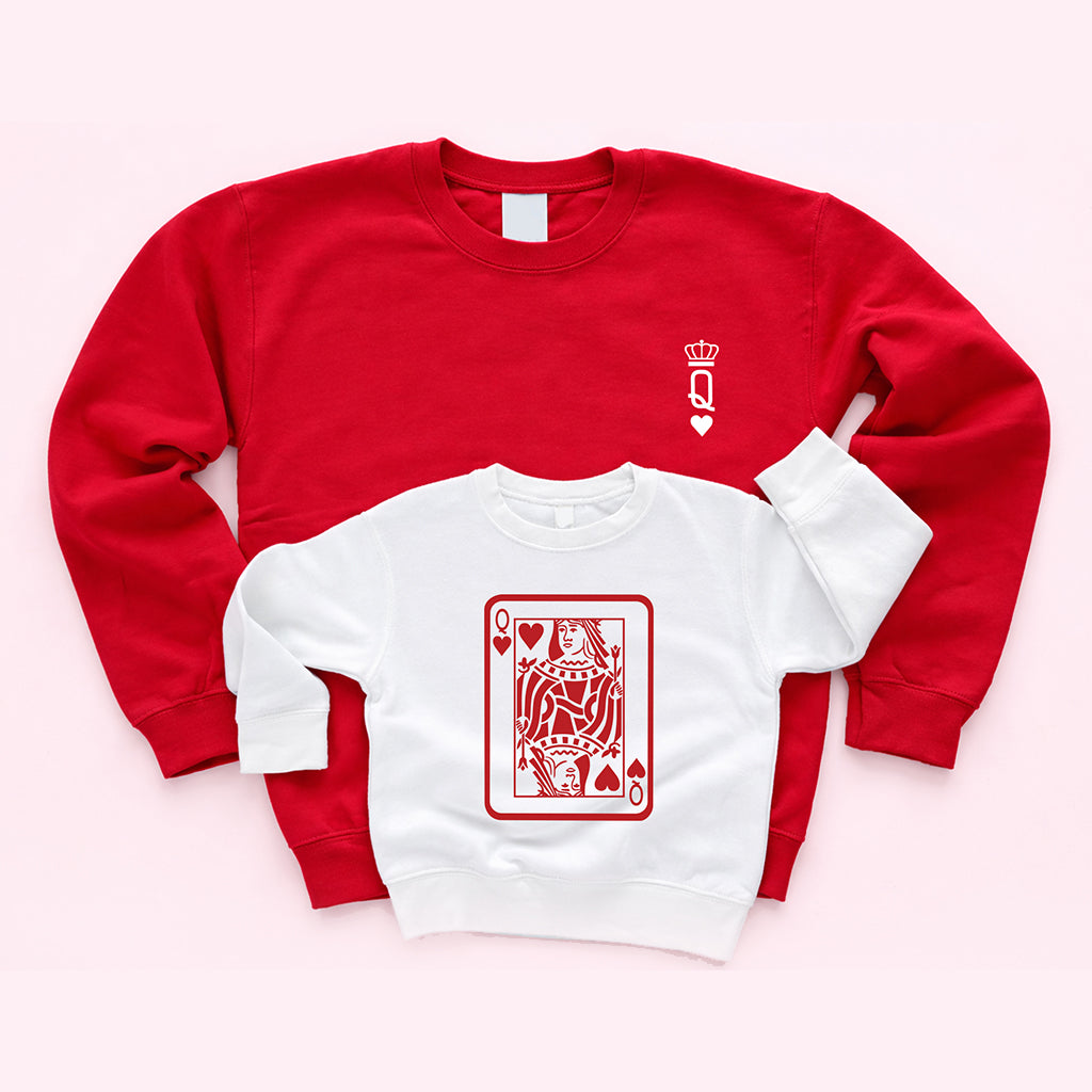Matching Valentine’s Day Queen card sweatshirts, red sweatshirt for mom and white sweatshirt for girl on white background