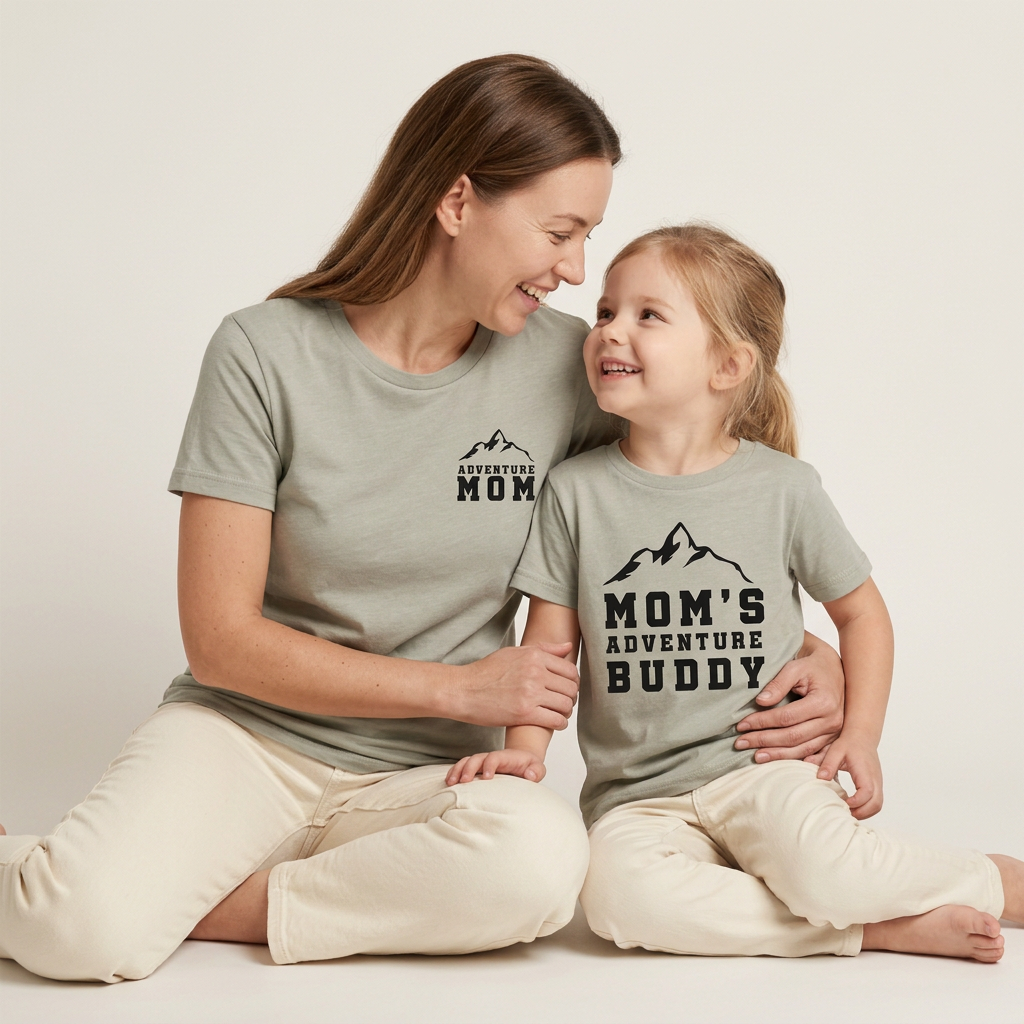 Mother and daughter sharing a laugh in matching Heather Stone T-shirts with “Adventure Mom” and “Mom’s Adventure Buddy” mountain designs.
