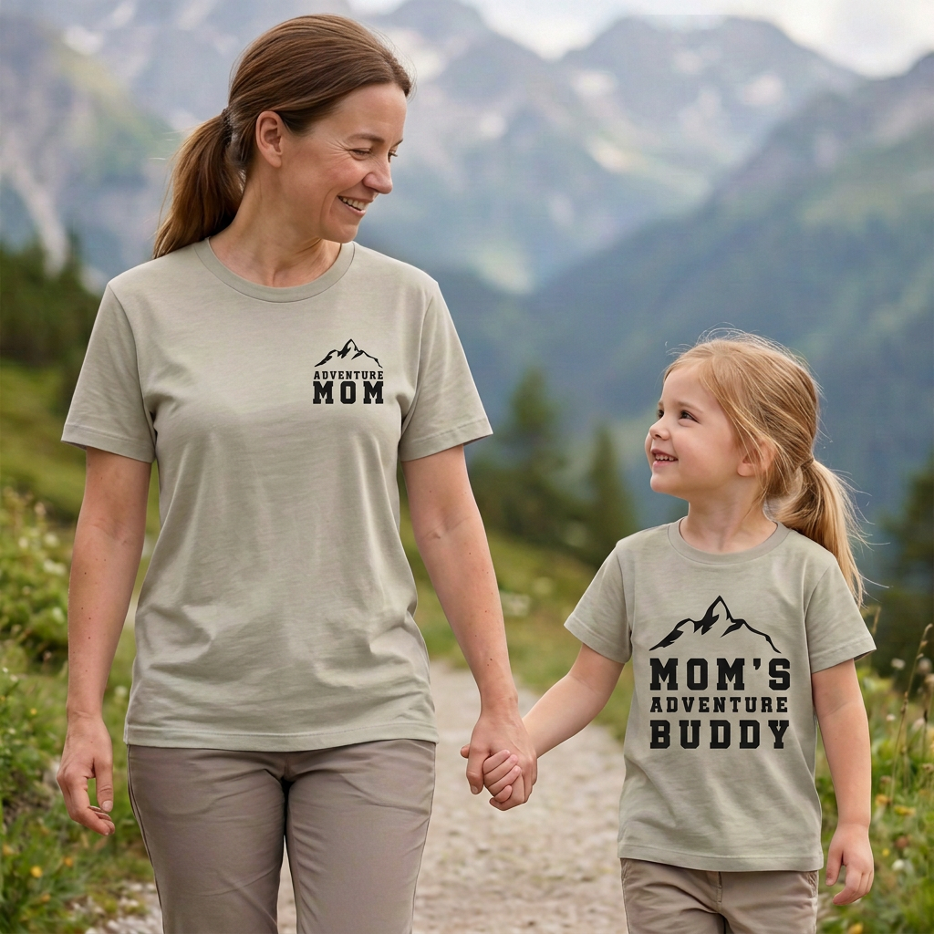 Mother and daughter sharing a smile on a mountain trail in matching Heather Stone T-shirts with “Adventure Mom” and “Mom’s Adventure Buddy” designs.
