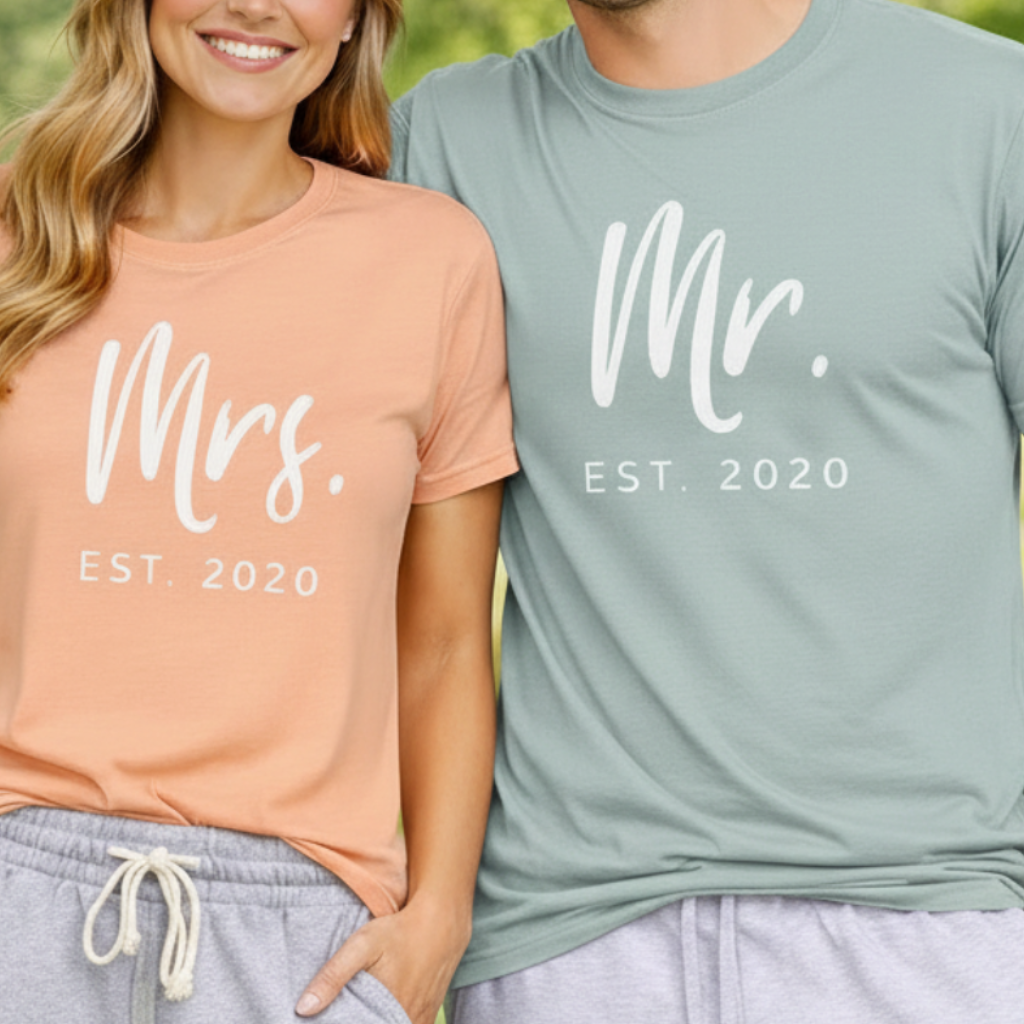 Man and woman wearing 'Mr.' and 'Mrs.' shirts with establishment years, standing outdoors.
