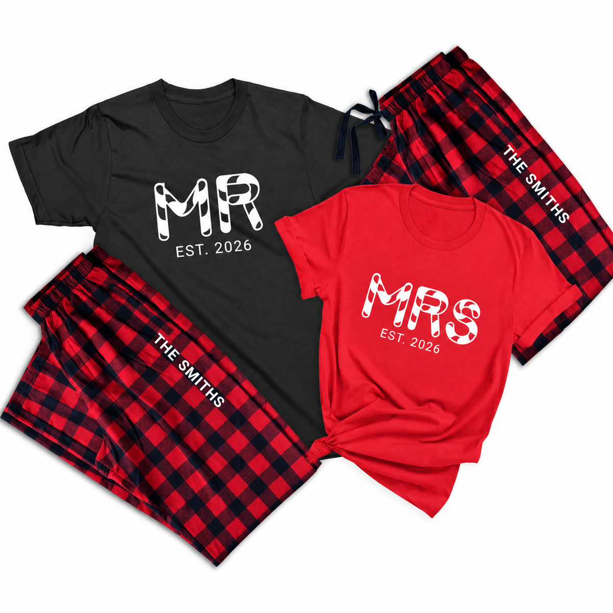 Matching MR and MRS T-shirts with EST. 2026 prints paired with personalized buffalo plaid pajama pants featuring a custom last name.