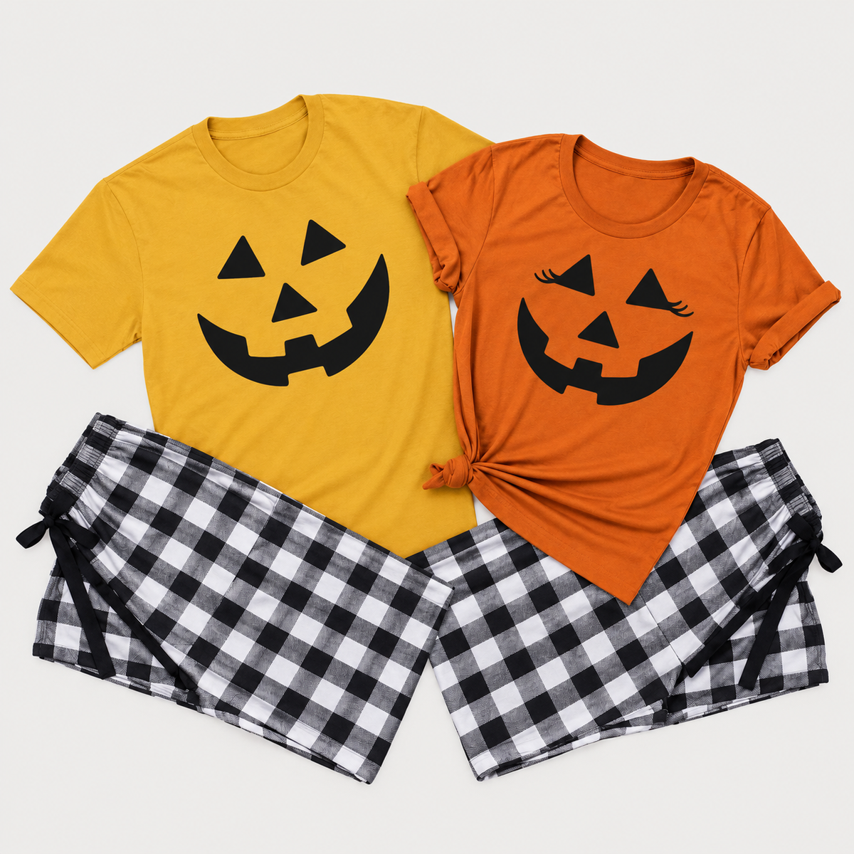 Matching mustard and autumn pumpkin Halloween pajama sets with black jack-o-lantern designs and black-and-white checkered flannel pants