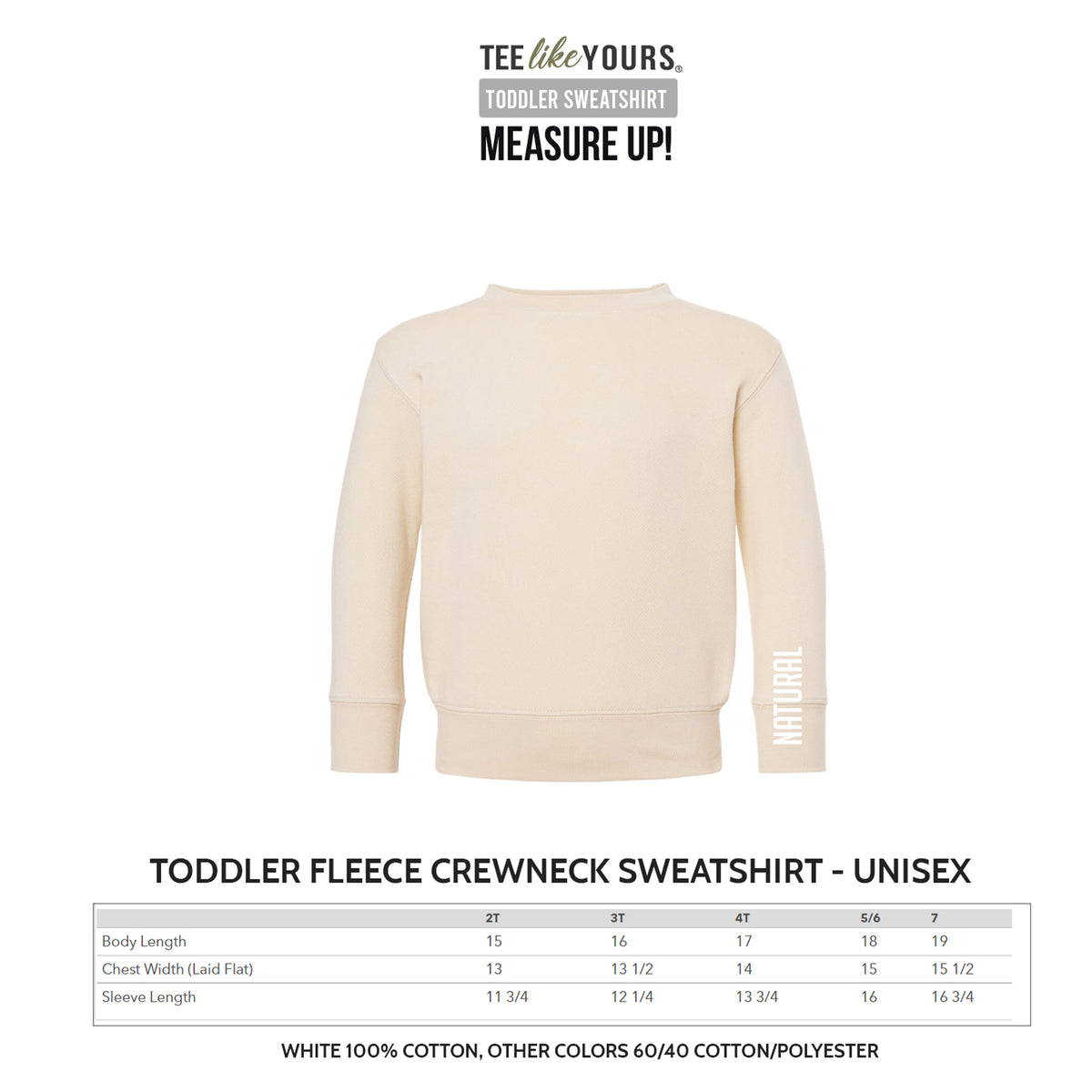 Toddler fleece crewneck sweatshirt size chart with 2T to 7 sizing measurements.