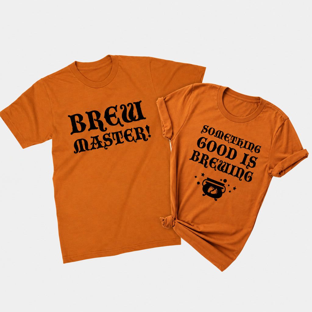 New Mom and Dad Halloween matching shirts in autumn orange featuring Brew Master and Something Good Is Brewing pregnancy announcement designs