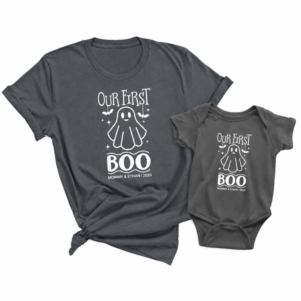 Our First Family Boo matching Halloween set with charcoal adult t-shirt and charcoal baby onesie featuring a ghost design