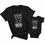 Our First Family Boo matching Halloween shirts with personalized name and date design, shown with a coordinating baby onesie
