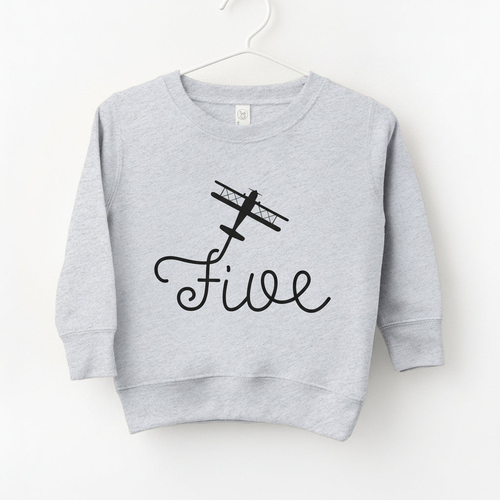 Personalized 5th birthday airplane sweatshirt in athletic heather with custom name and five design on white background