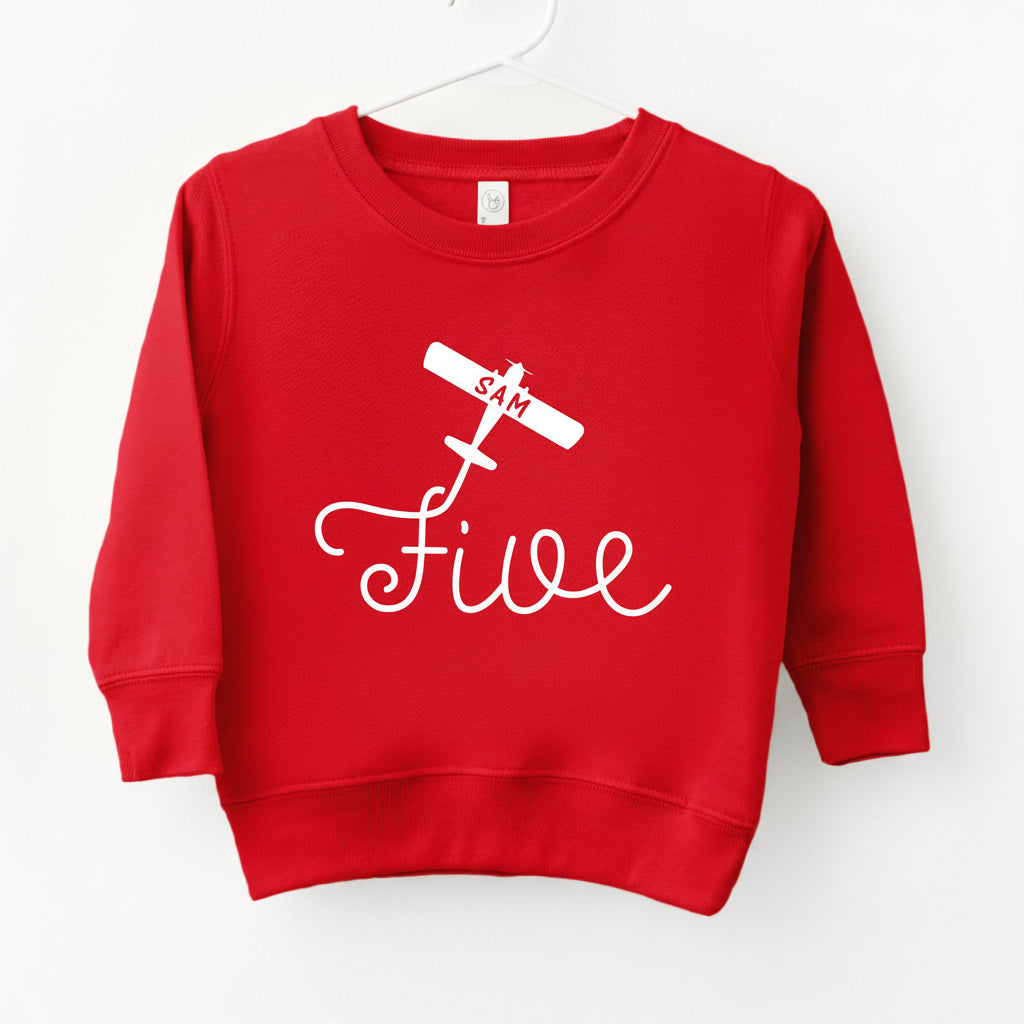Red personalized five birthday airplane sweatshirt for kids with custom name