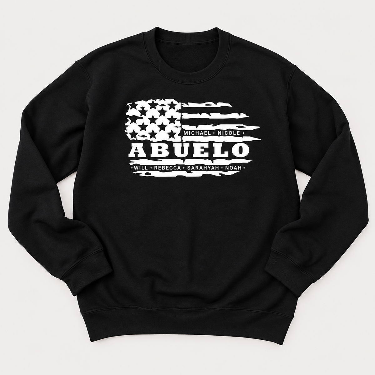 Personalized Abuelo sweatshirt featuring a distressed American flag design and customized grandchildren’s names.