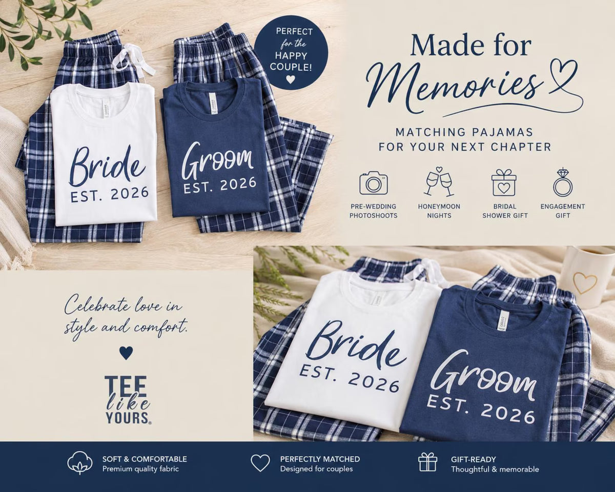 Made for Memories collage of navy blue Groom and white Bride T-shirts with Navy-Silver plaid pants, showing wedding gift ideas.
