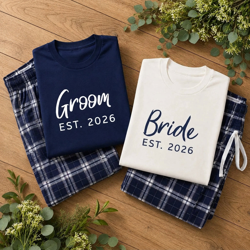 Folded navy blue Groom and white Bride T-shirts with EST. 2026 prints, paired with Navy-Silver plaid pajama pants on wood.