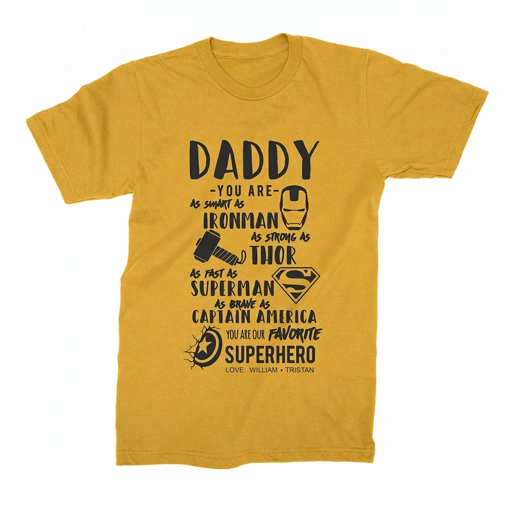 Personalized Daddy superhero T-shirt in mustard featuring Iron Man, Thor, Superman, and Captain America designs with custom children's names.