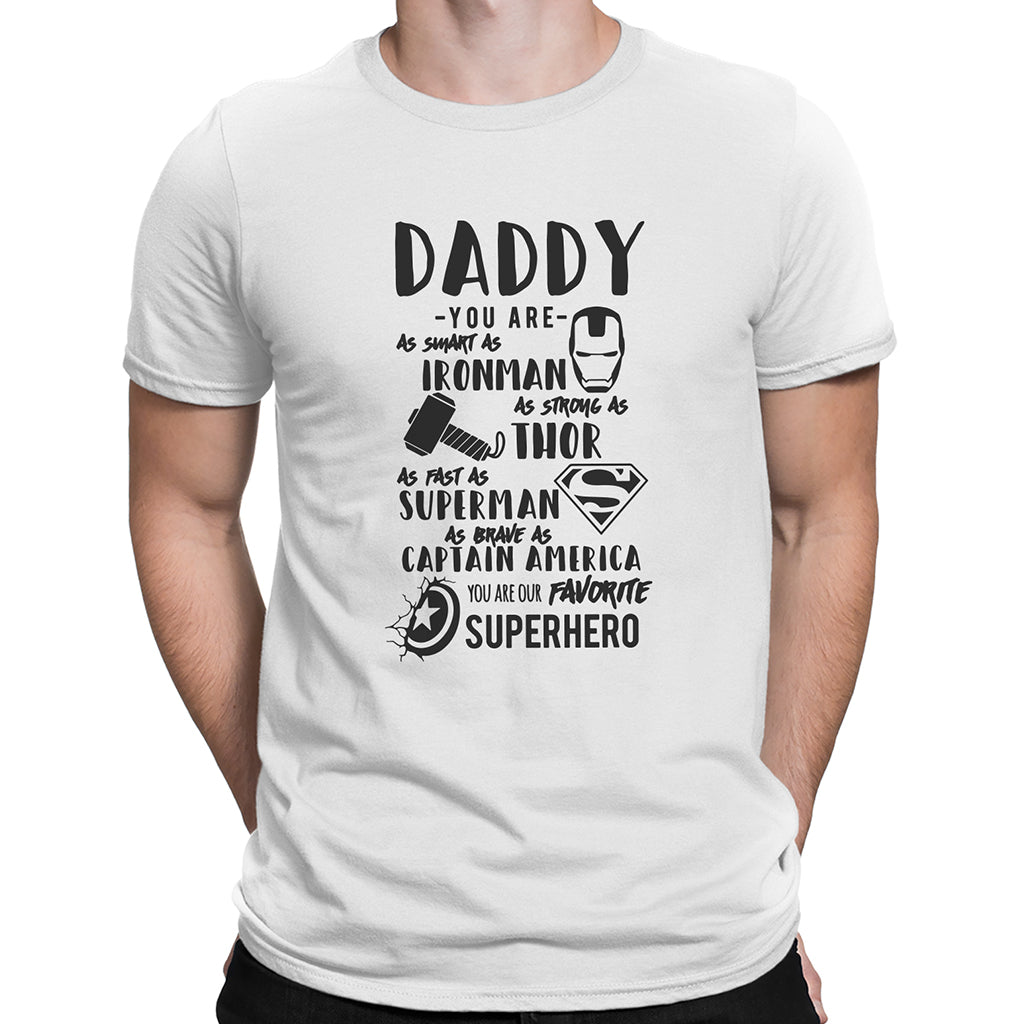 Personalized Daddy superhero T-shirt in white featuring Iron Man, Thor, Superman, and Captain America designs.