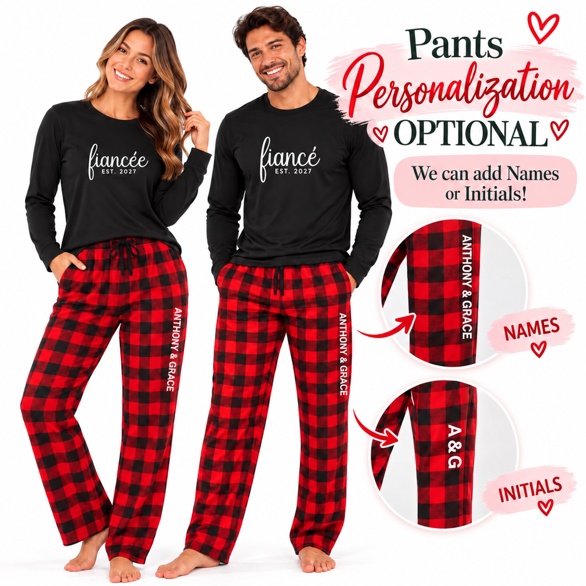 Matching fiancé and fiancée pajama sets featuring long-sleeve jersey tees with “fiancé” and “fiancée EST. 2027” prints and red and black buffalo plaid flannel pajama pants, with optional personalized names or initials on the pants.