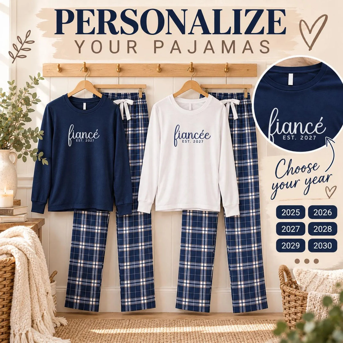 Fiancé and fiancée matching pajamas with long sleeve jersey tees and plaid flannel pants, featuring customizable engagement years from 2025 to 2030.