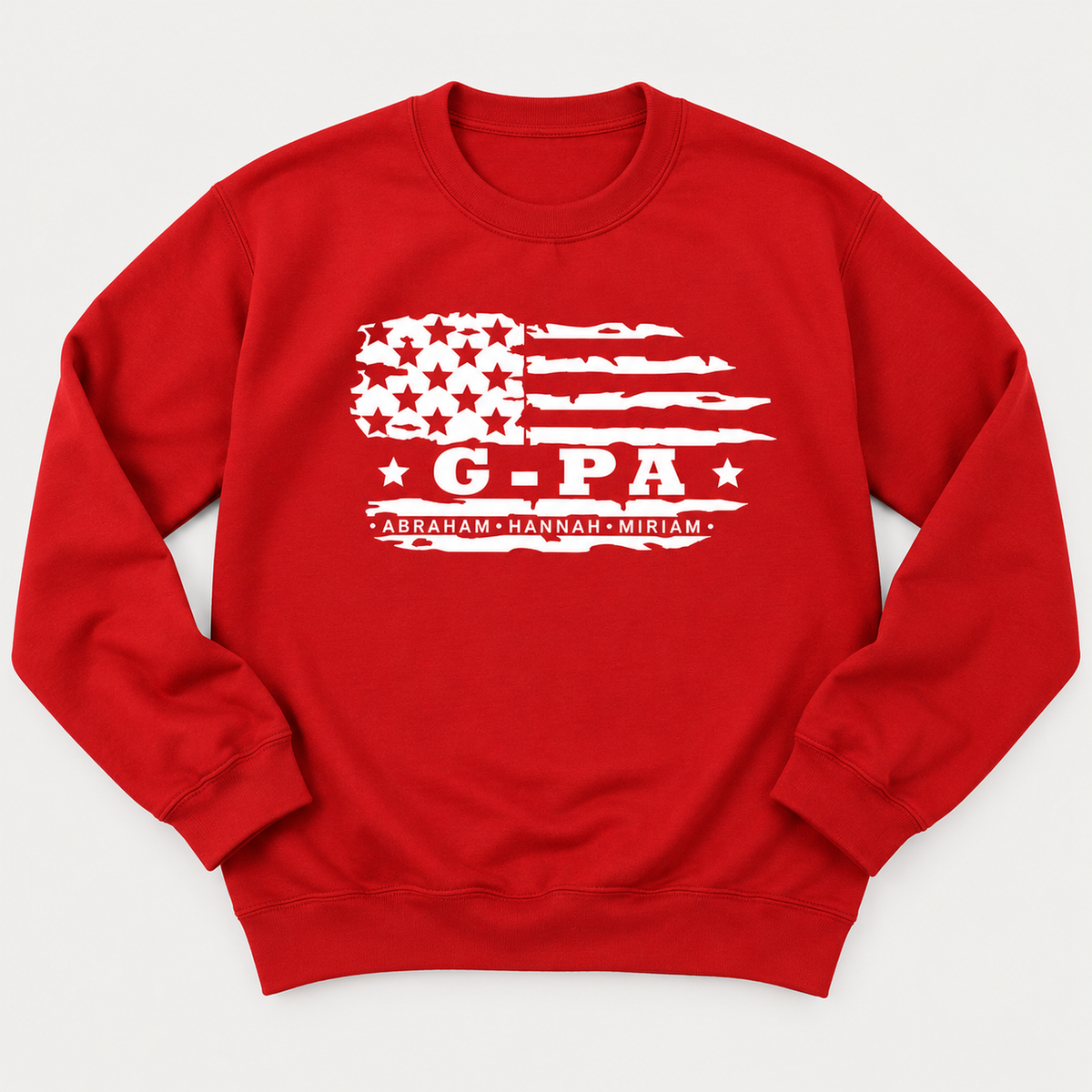 Personalized G-PA sweatshirt featuring a distressed American flag design and the names Abraham, Hannah, and Miriam.