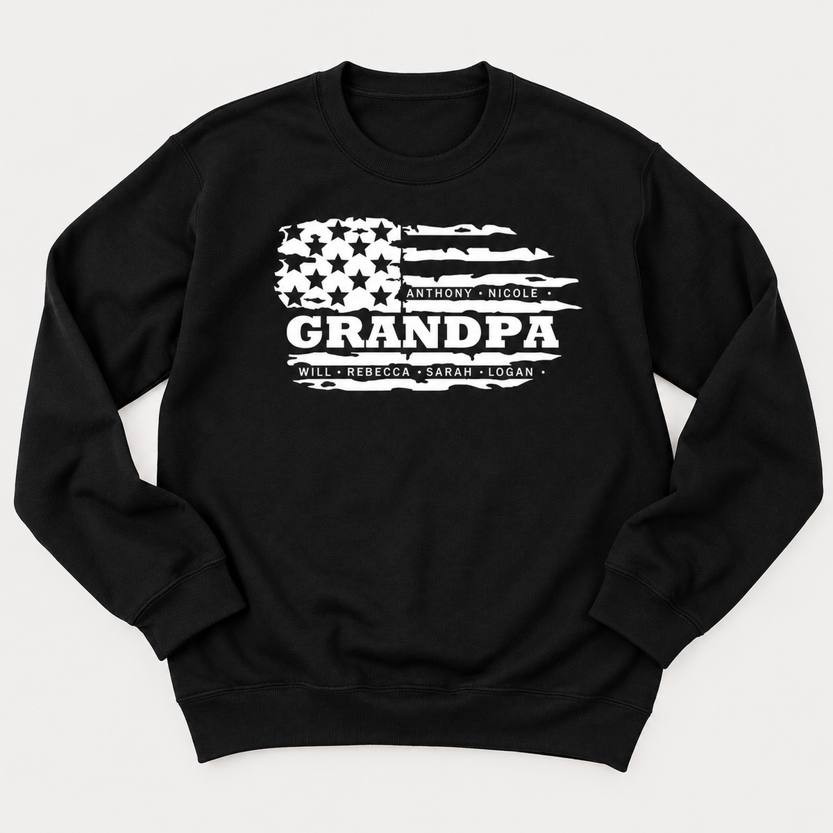 Personalized Grandpa sweatshirt featuring a distressed American flag design and customized grandchildren’s names.