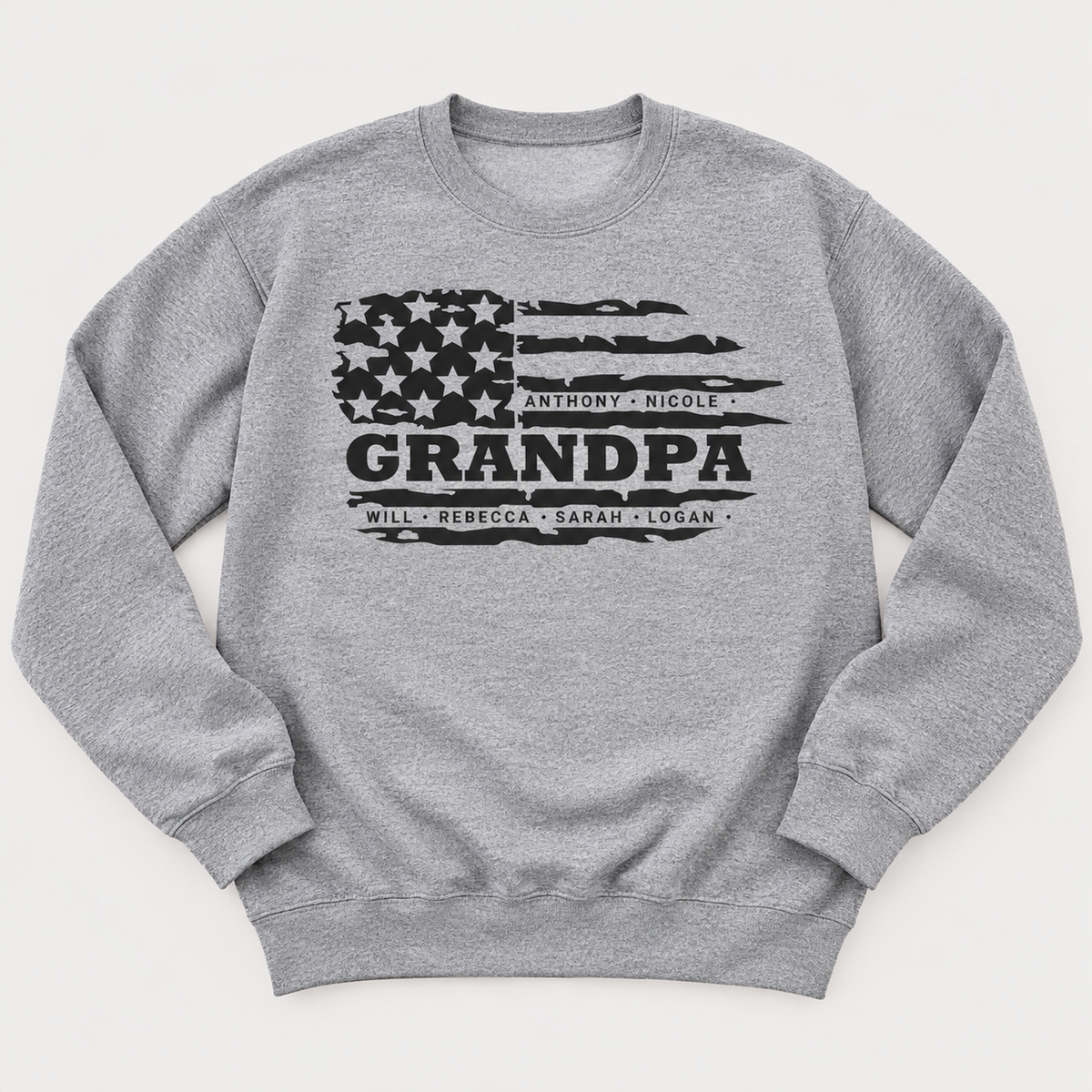 Personalized Grandpa sweatshirt in Athletic Heather featuring a distressed American flag design and customized grandchildren’s names.