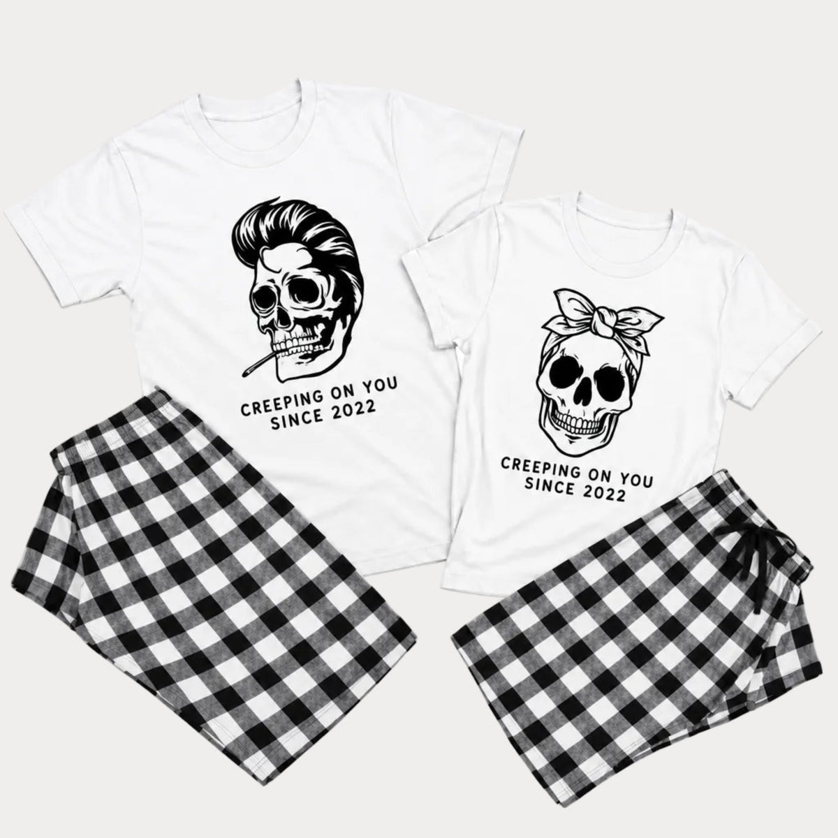 Personalized Halloween matching couple pajama set with skeleton skull T-shirts and black and white checkered pajama pants
